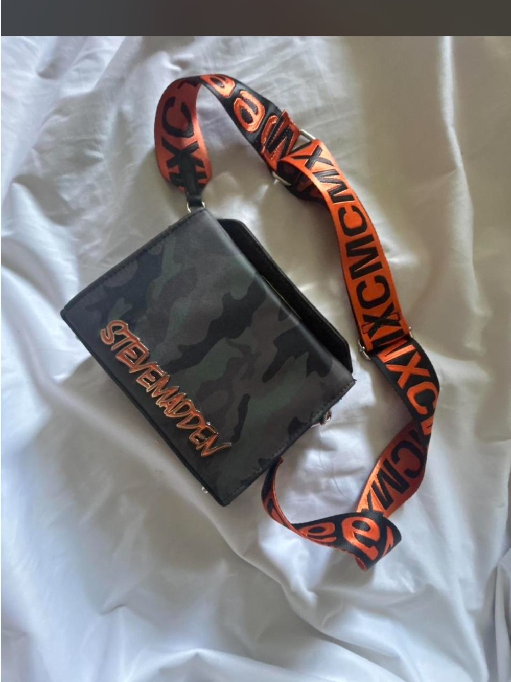 Steve Madden Camo Messenger Bag with Orange Logo Strap